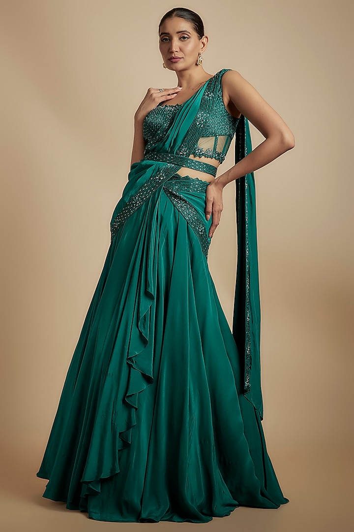 Emerald Green Crepe Draped Skirt Set by Disha Patil