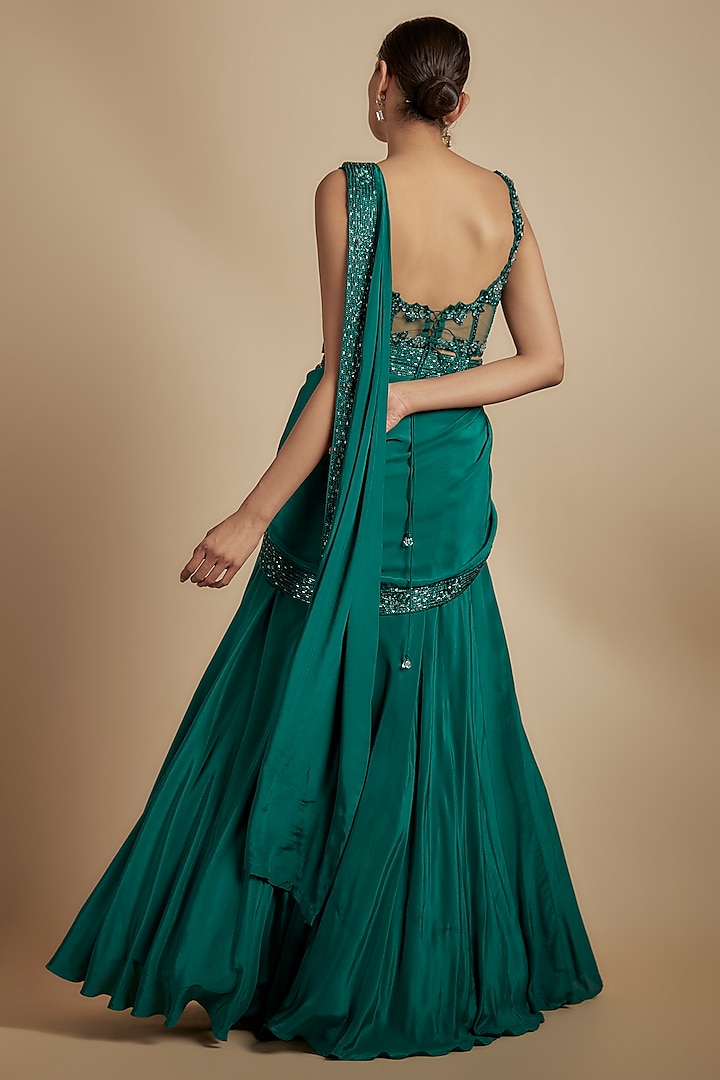 Emerald Green Crepe Draped Skirt Set by Disha Patil at Pernia's
