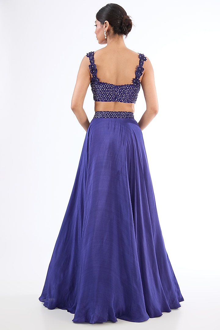 Midnight Blue Raw Silk Hand Embroidered Draped Skirt Set by Disha Patil at Pernia's Pop Up Shop