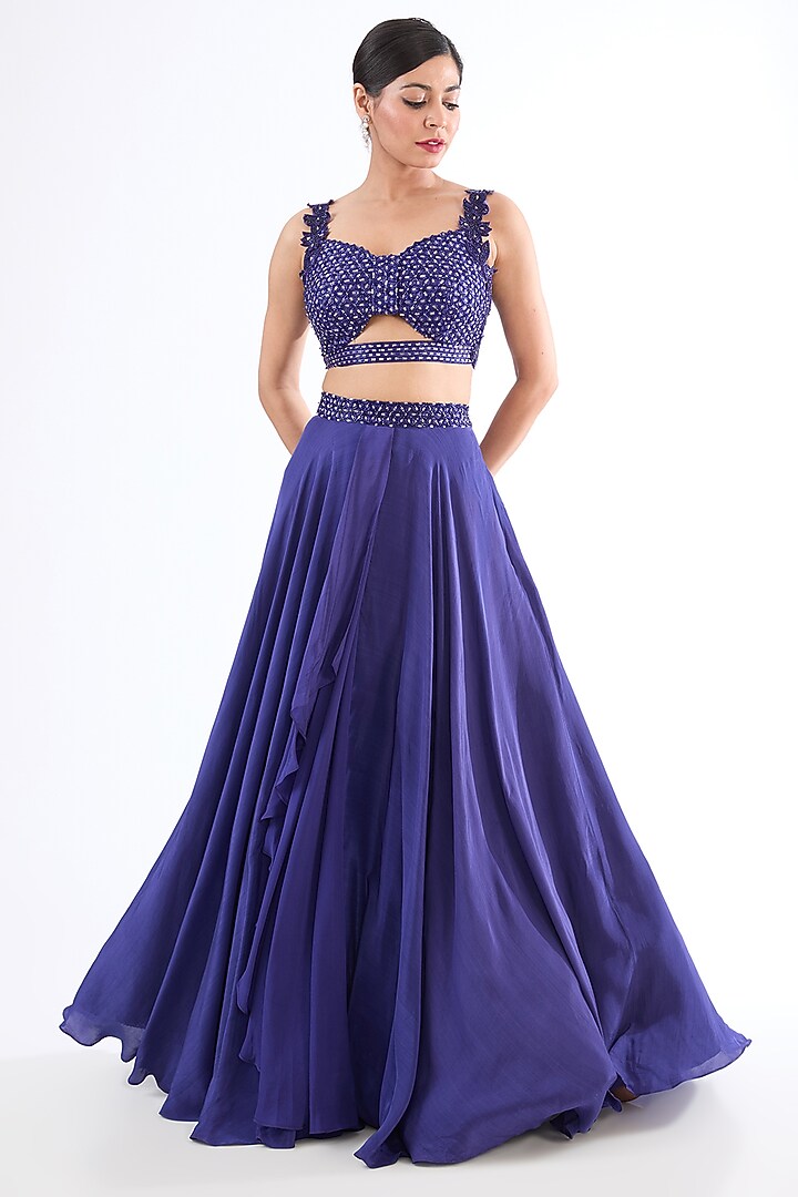 Midnight Blue Raw Silk Hand Embroidered Draped Skirt Set by Disha Patil at Pernia's Pop Up Shop