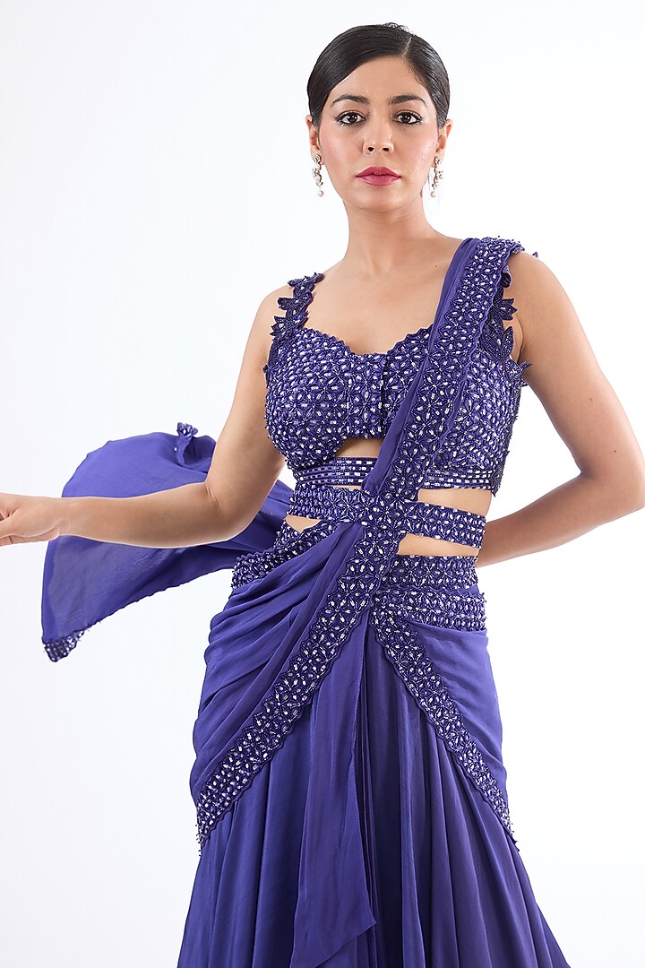 Midnight Blue Raw Silk Hand Embroidered Draped Skirt Set by Disha Patil at Pernia's Pop Up Shop