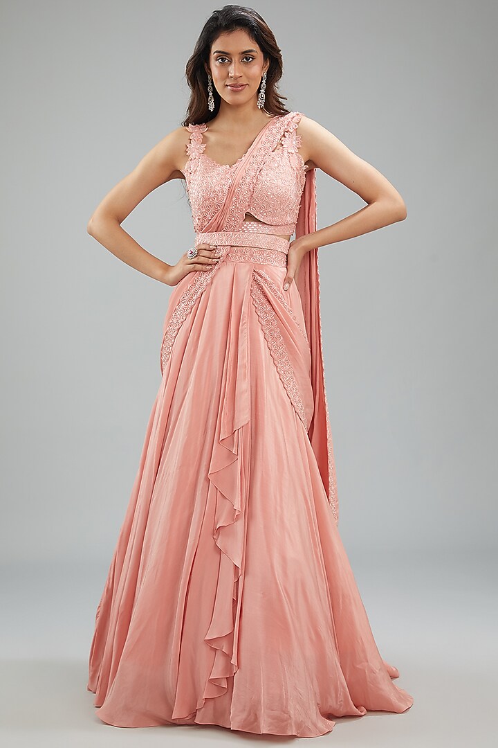 Rose Crepe Hand Embroidered Draped Skirt Wedding Saree Set by Disha Patil at Pernia's Pop Up Shop