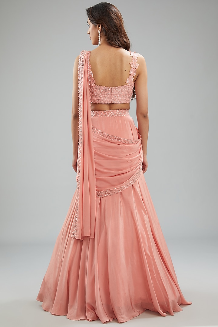 Rose Crepe Hand Embroidered Draped Skirt Wedding Saree Set by Disha Patil at Pernia's Pop Up Shop