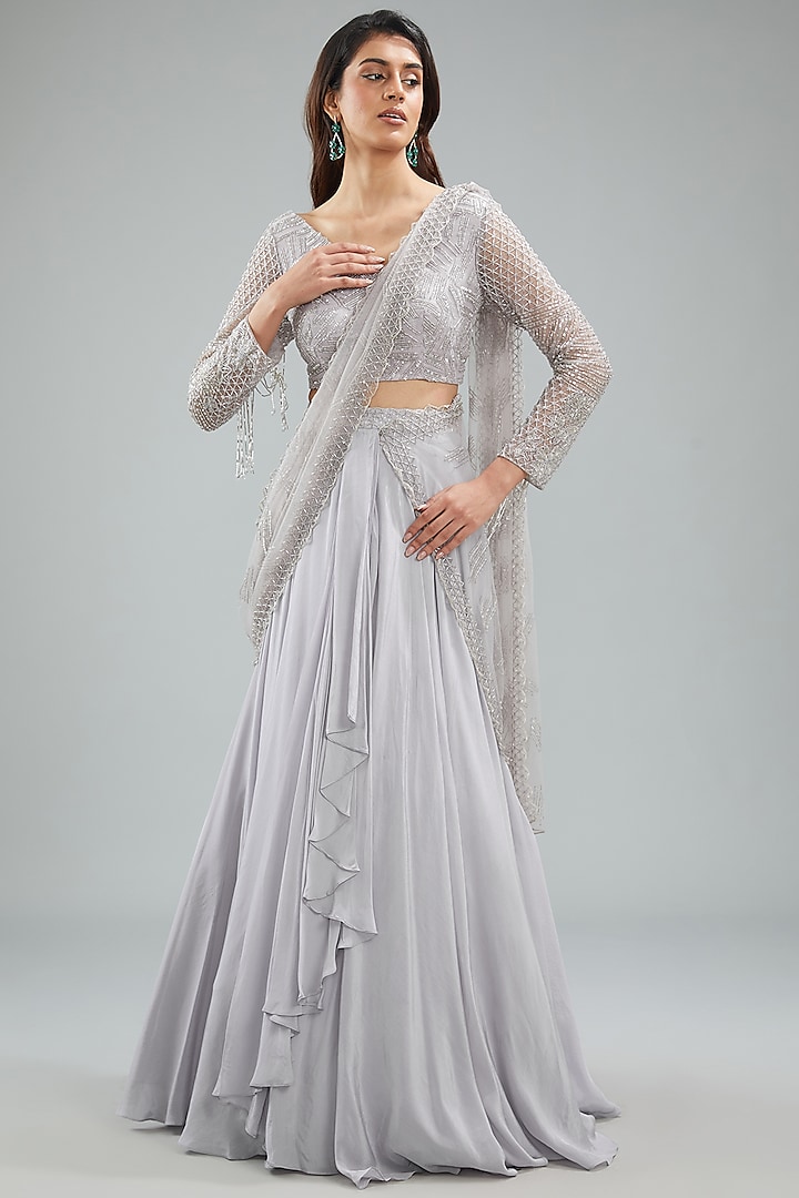 Lilac Grey Crepe Hand Embroidered Draped Skirt Saree Set by Disha Patil
