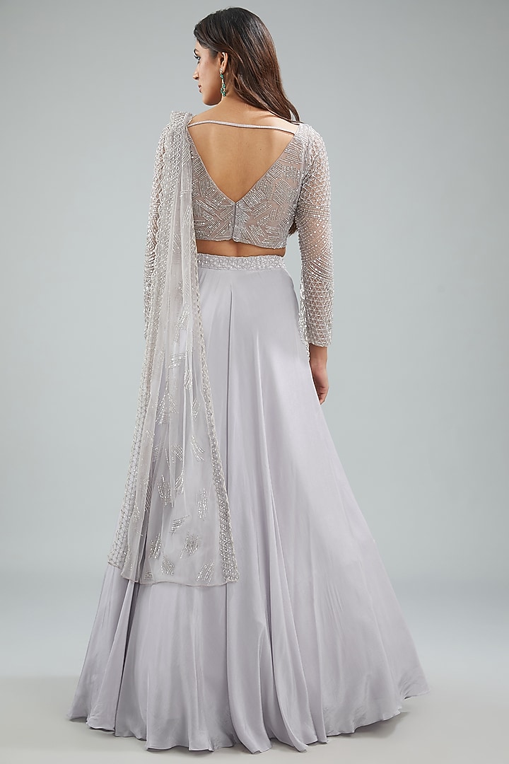 Lilac Grey Crepe Hand Embroidered Draped Skirt Reception Saree Set by Disha Patil at Pernia's Pop Up Shop