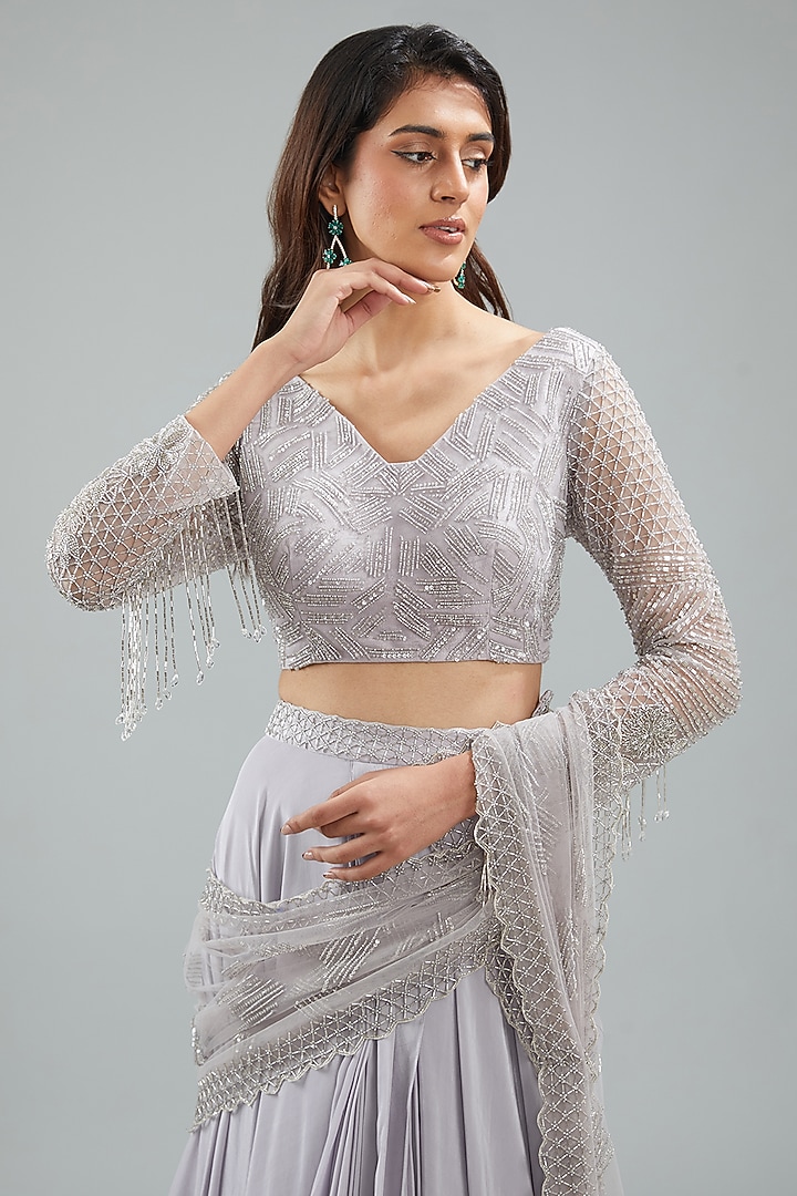 Lilac Grey Crepe Hand Embroidered Draped Skirt Reception Saree Set by Disha Patil at Pernia's Pop Up Shop