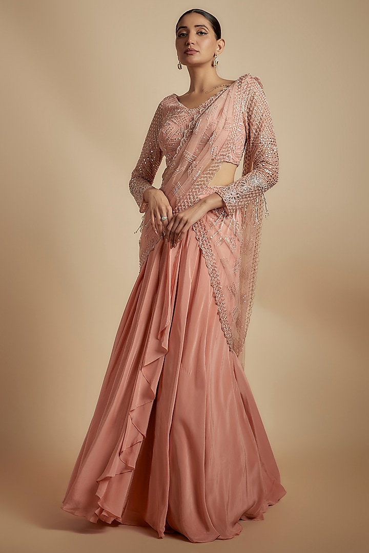 Rose Crepe Embellished Draped Reception Saree Set by Disha Patil at Pernia's Pop Up Shop