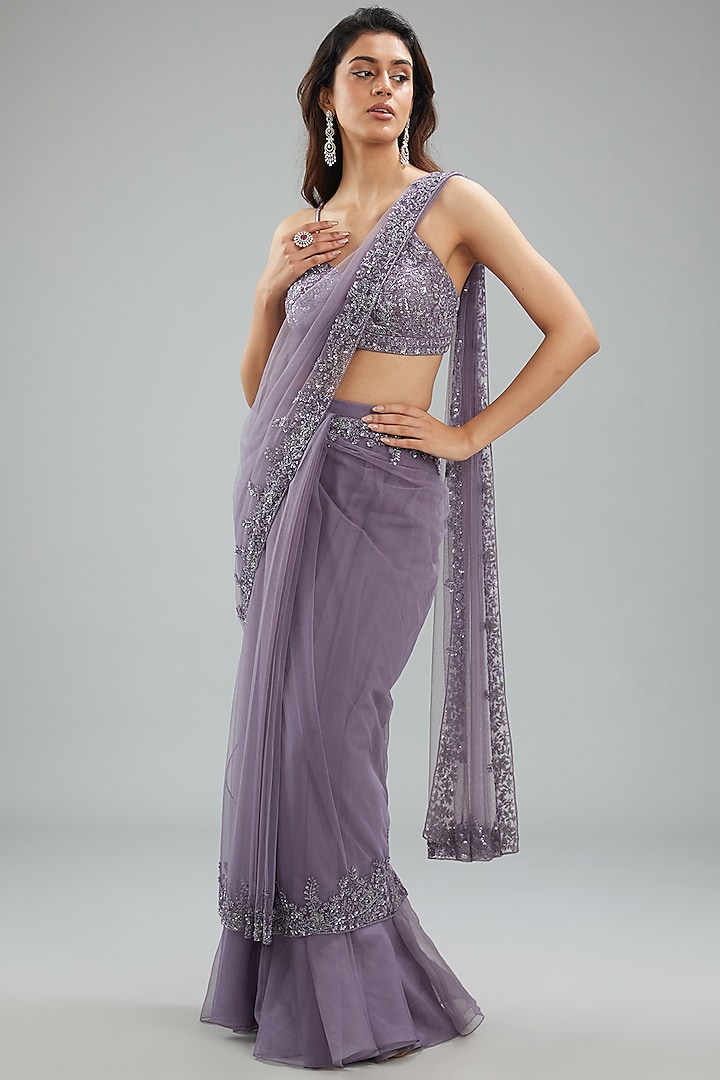 Grey Net Hand Embroidered Draped Skirt Saree Set by Disha Patil