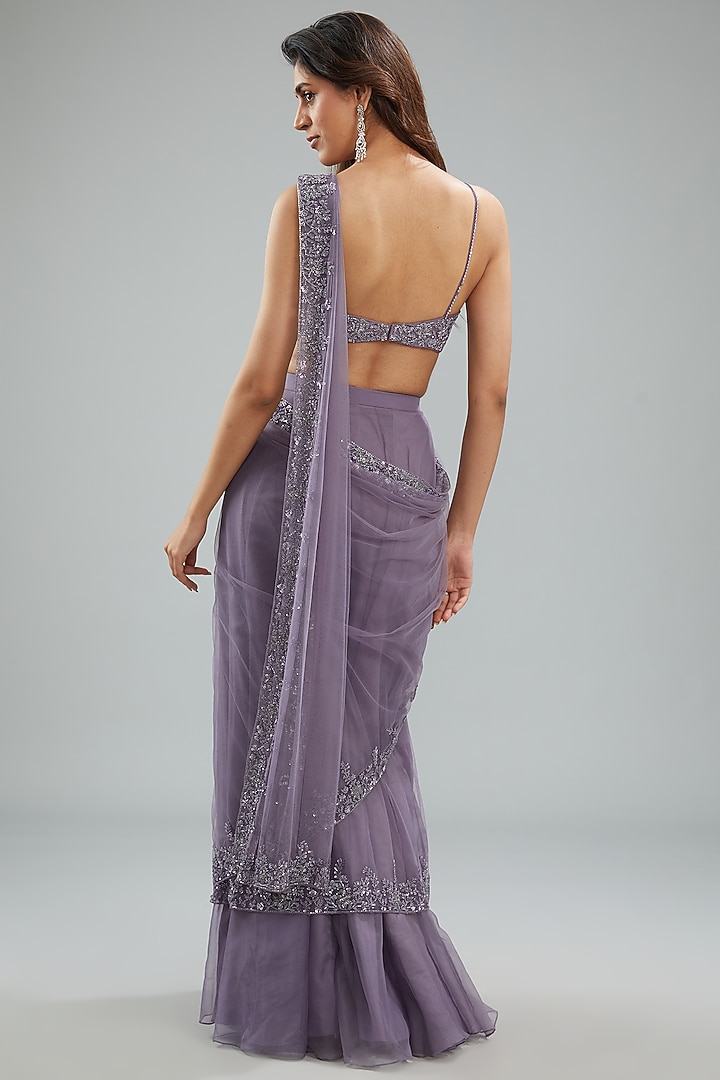 Grey Net Hand Embroidered Draped Skirt Reception Saree Set by Disha Patil at Pernia's Pop Up Shop
