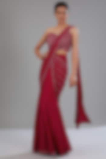 Cherry Red Crepe Embellished Fish Cut Draped Wedding Saree Set by Disha Patil at Pernia's Pop Up Shop