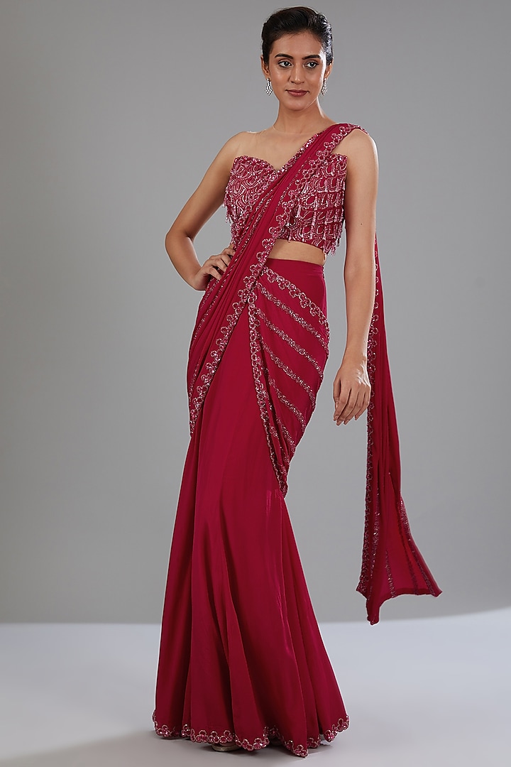 Cherry Red Crepe Embellished Fish Cut Draped Wedding Saree Set by Disha Patil at Pernia's Pop Up Shop