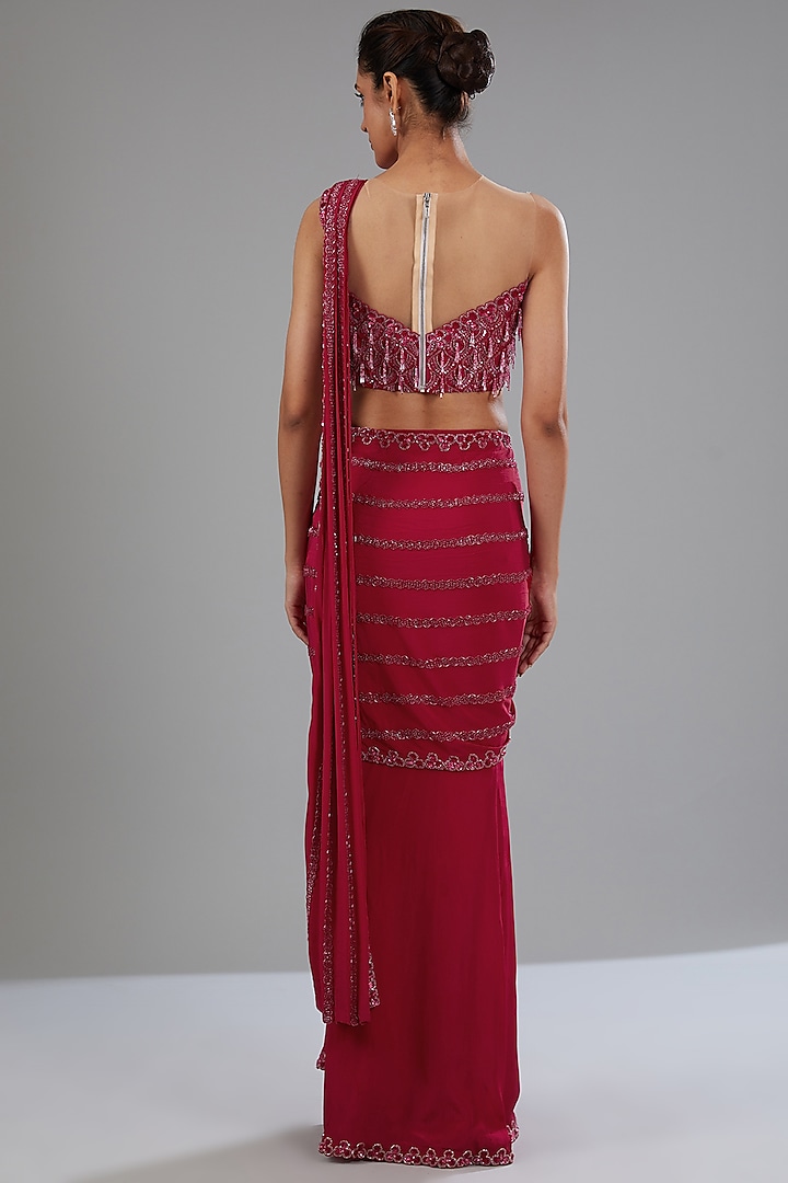 Cherry Red Crepe Embellished Fish Cut Draped Wedding Saree Set by Disha Patil at Pernia's Pop Up Shop