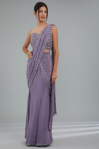 Lilac Crepe Hand Embroidered Fish-Cut Draped Saree Set by Disha Patil