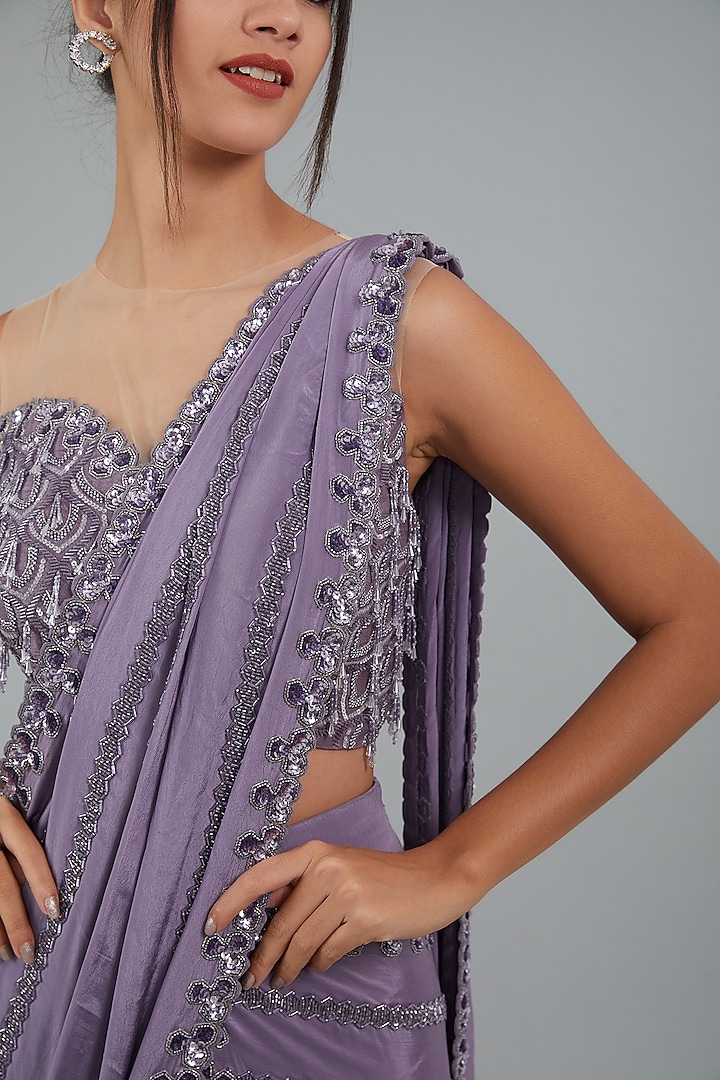 Lilac Crepe Hand Embroidered Fish-Cut Draped Wedding Saree Set by Disha Patil at Pernia's Pop Up Shop