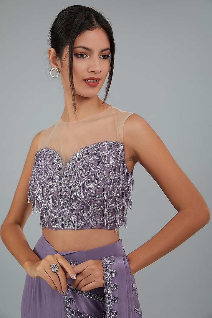 Lilac Crepe Hand Embroidered Fish-Cut Draped Wedding Saree Set by Disha Patil at Pernia's Pop Up Shop