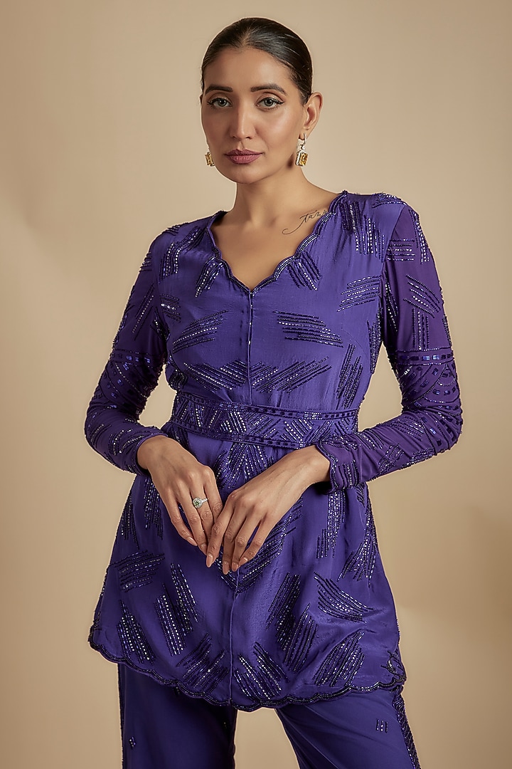 Pixie Powder Crepe Embellished Jacket Set by Disha Patil at Pernia's Pop Up Shop