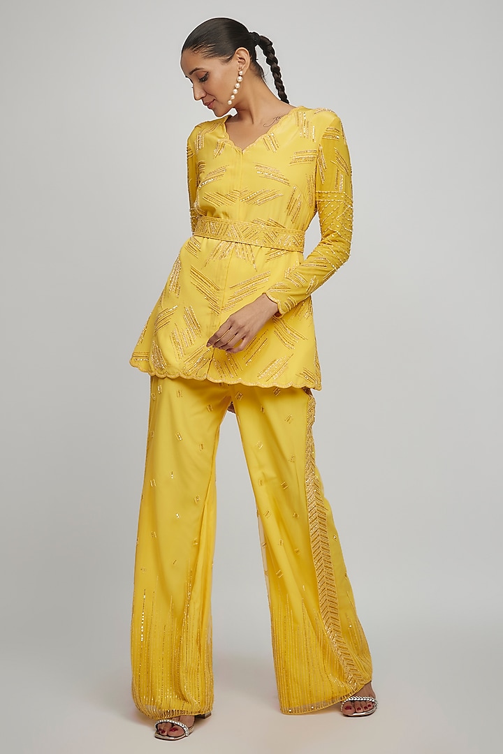 Yellow Crepe Embellished Jacket Set by Disha Patil