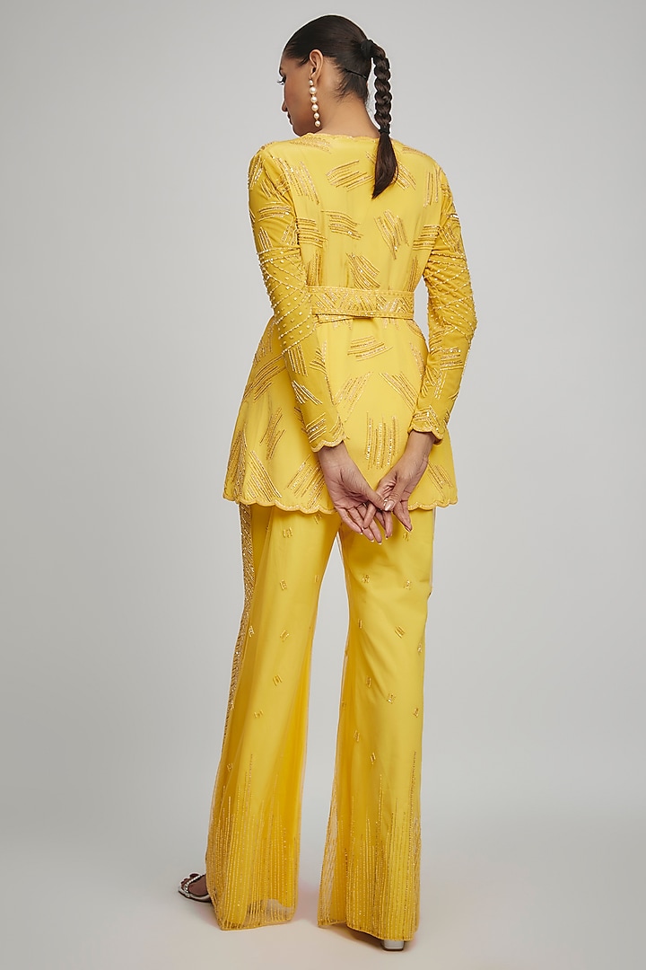 Yellow Crepe Embellished Jacket Set by Disha Patil at Pernia's Pop Up Shop