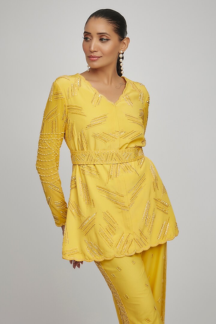 Yellow Crepe Embellished Jacket Set by Disha Patil at Pernia's Pop Up Shop