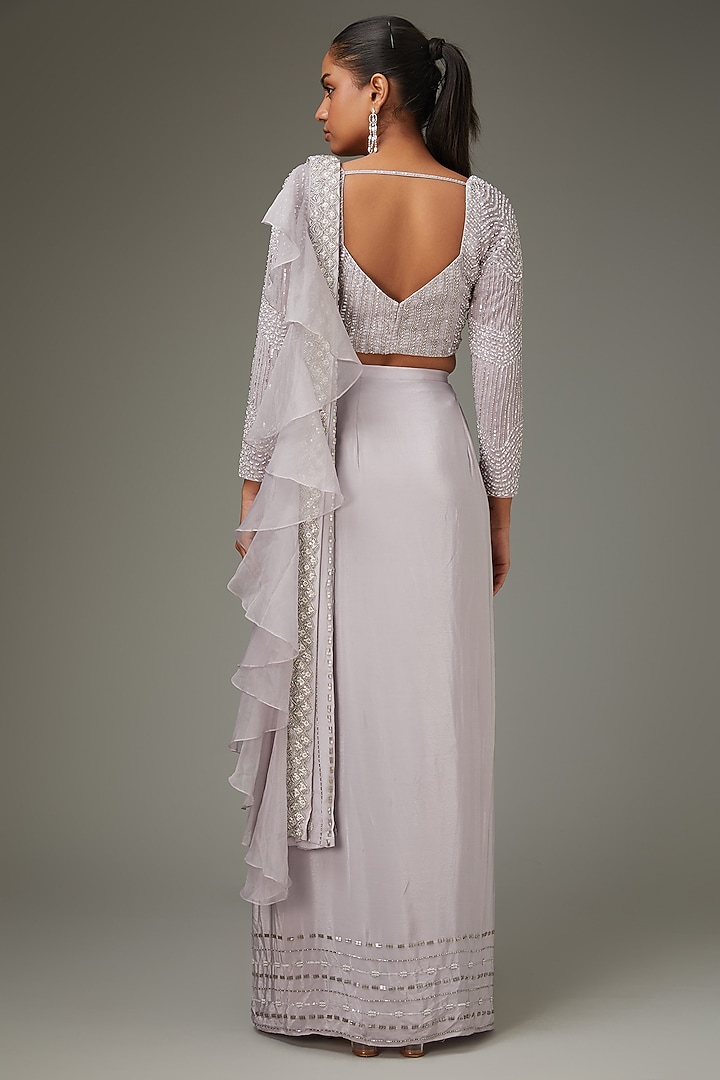 Lilac Grey Crepe Embellished Ruffled Draped Wedding Saree Set by Disha Patil at Pernia's Pop Up Shop