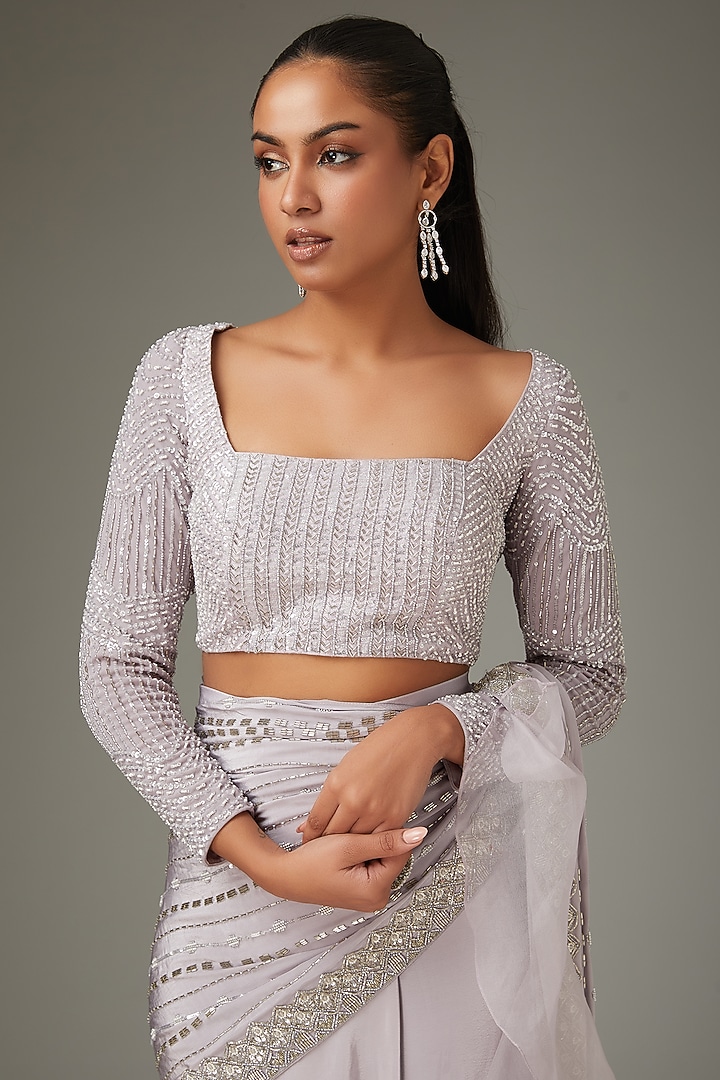 Lilac Grey Crepe Embellished Ruffled Draped Wedding Saree Set by Disha Patil at Pernia's Pop Up Shop