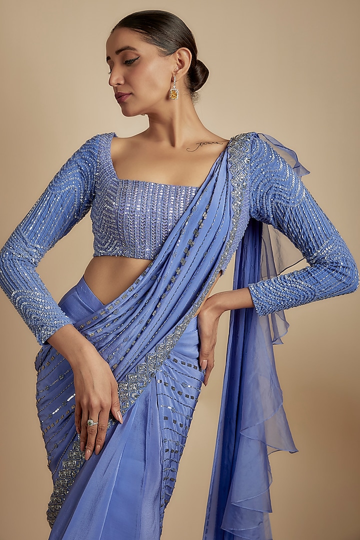 Persian Jewel Crepe Embellished Ruffled Draped Wedding Saree Set by Disha Patil at Pernia's Pop Up Shop