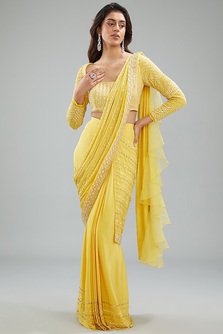 Yellow Crepe Hand Embroidered Skirt Saree Set by Disha Patil at Pernia's Pop Up Shop