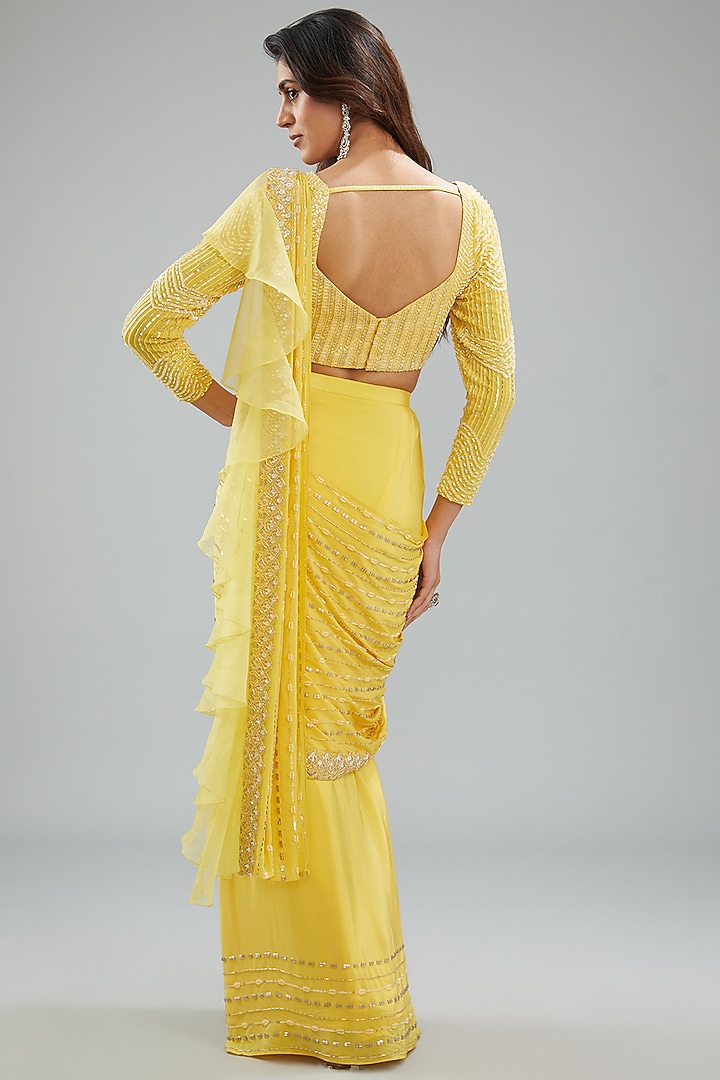 Yellow Crepe Hand Embroidered Skirt Wedding Saree Set by Disha Patil at Pernia's Pop Up Shop