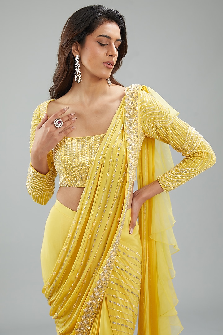 Yellow Crepe Hand Embroidered Skirt Wedding Saree Set by Disha Patil at Pernia's Pop Up Shop