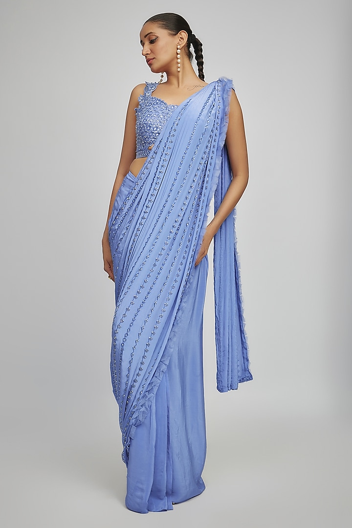Blue Crepe & Organza Persian Jewel Embellished Pre-Draped Wedding Saree Set by Disha Patil at Pernia's Pop Up Shop