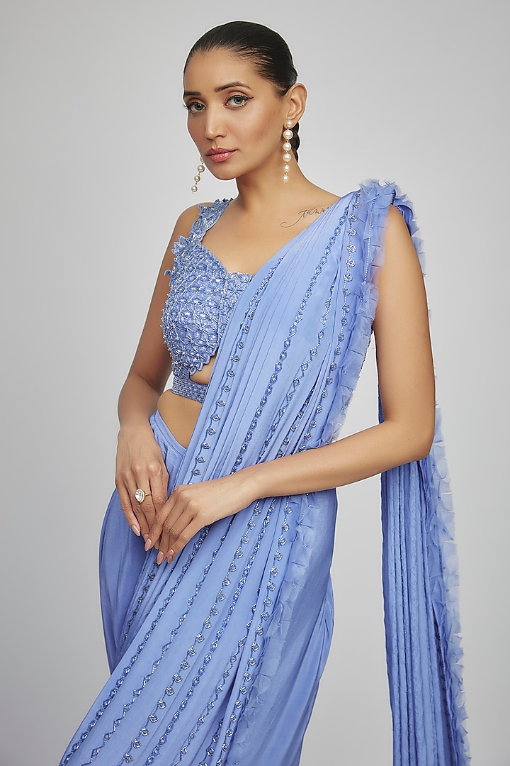Blue Crepe & Organza Persian Jewel Embellished Pre-Draped Wedding Saree Set by Disha Patil at Pernia's Pop Up Shop