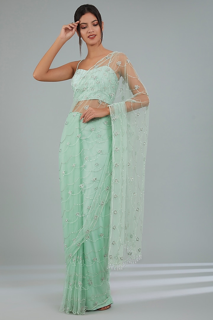 Embroidered Lycra Saree in Sea Green