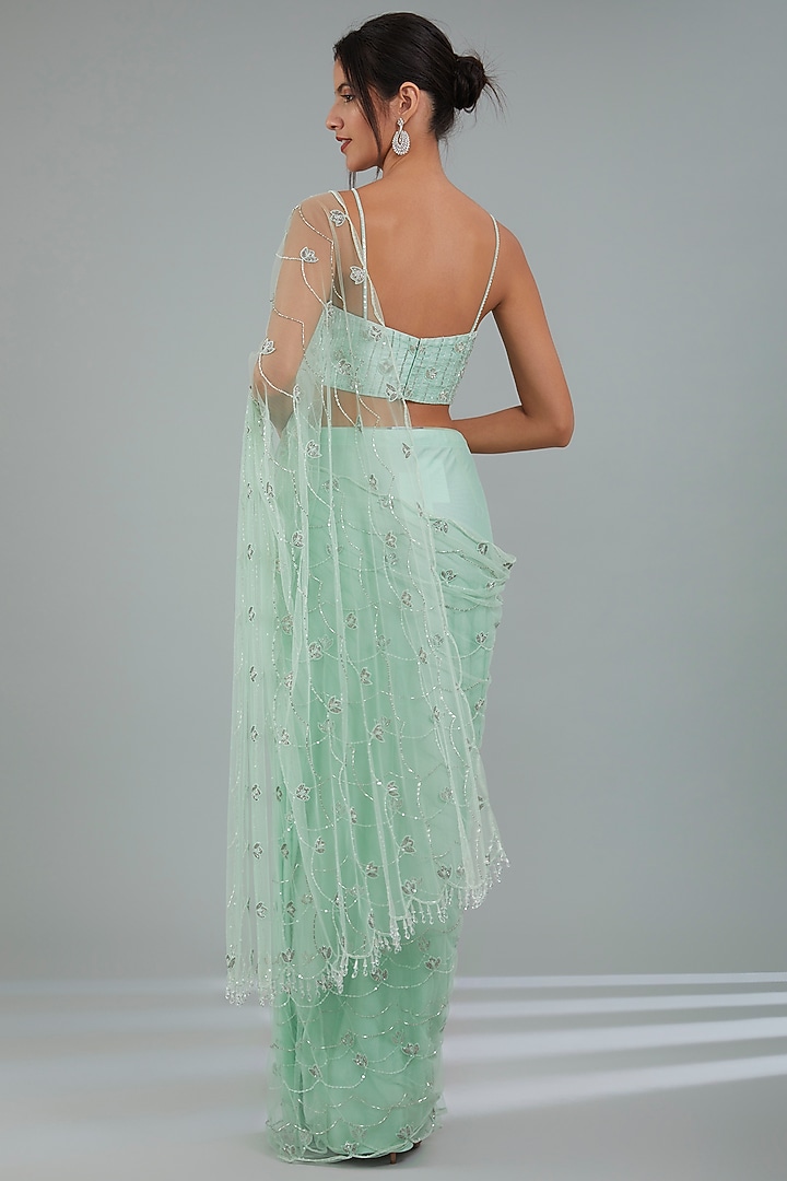 Misty Jade Green Net Hand Embroidered Draped Wedding Saree Set by Disha Patil at Pernia's Pop Up Shop