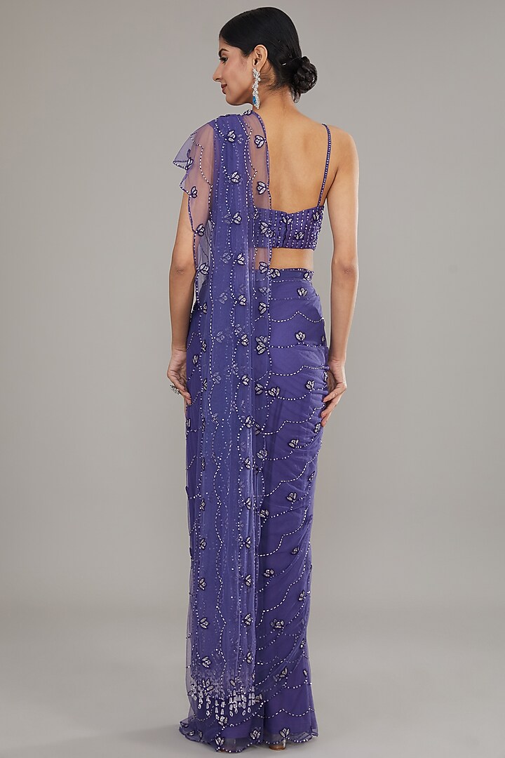 Blue Net Embroidered Wedding Saree Set by Disha Patil at Pernia's Pop Up Shop