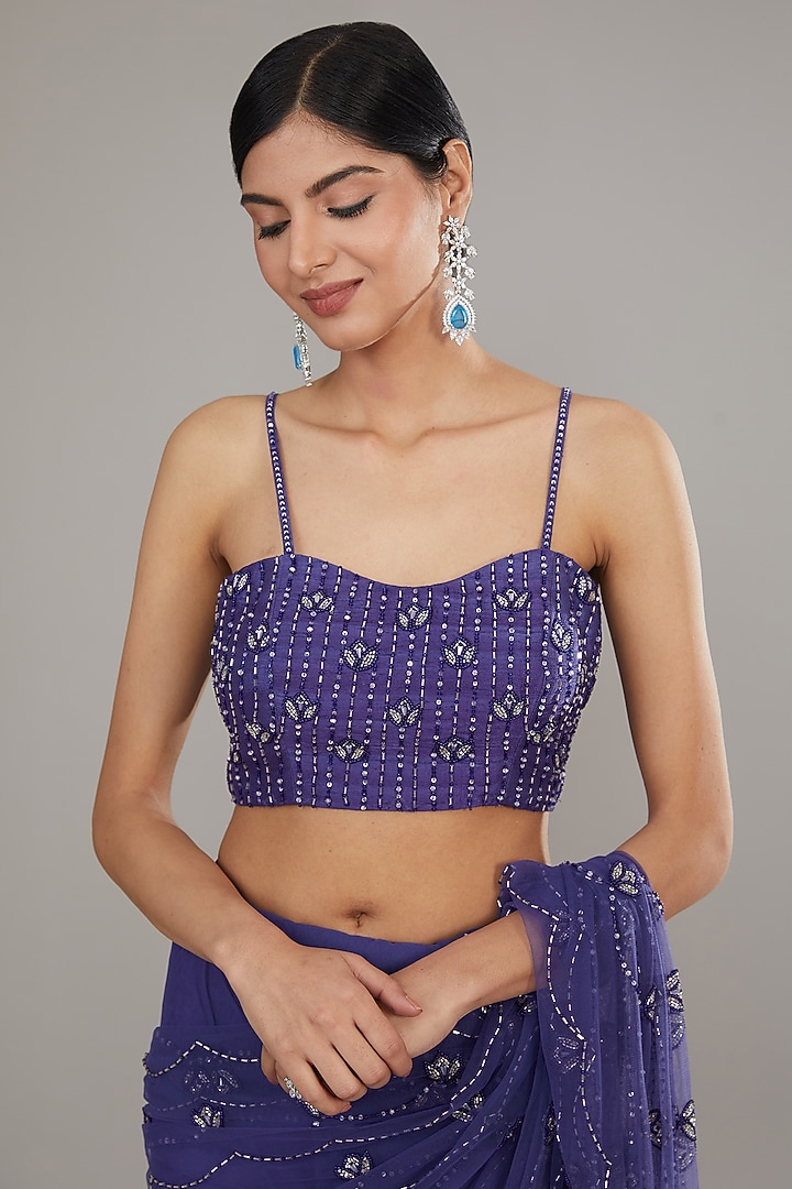 Blue Net Embroidered Wedding Saree Set by Disha Patil at Pernia's Pop Up Shop