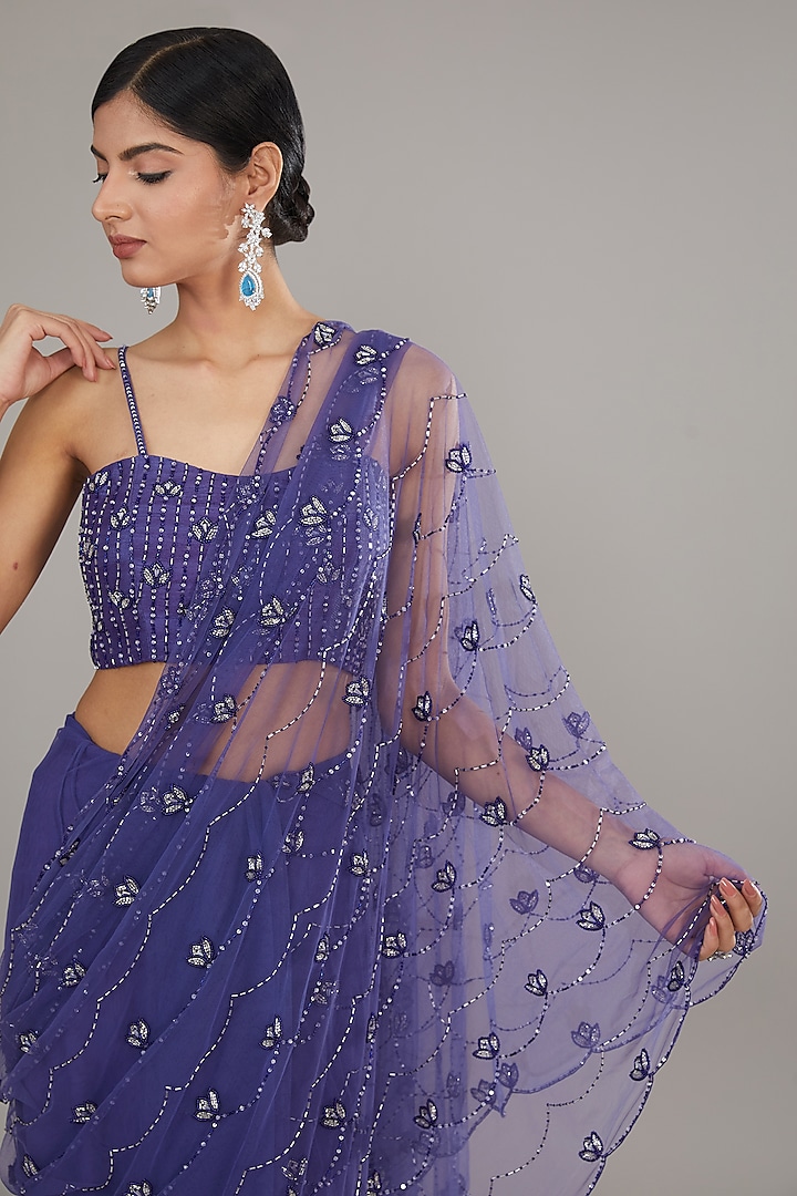 Blue Net Embroidered Wedding Saree Set by Disha Patil at Pernia's Pop Up Shop