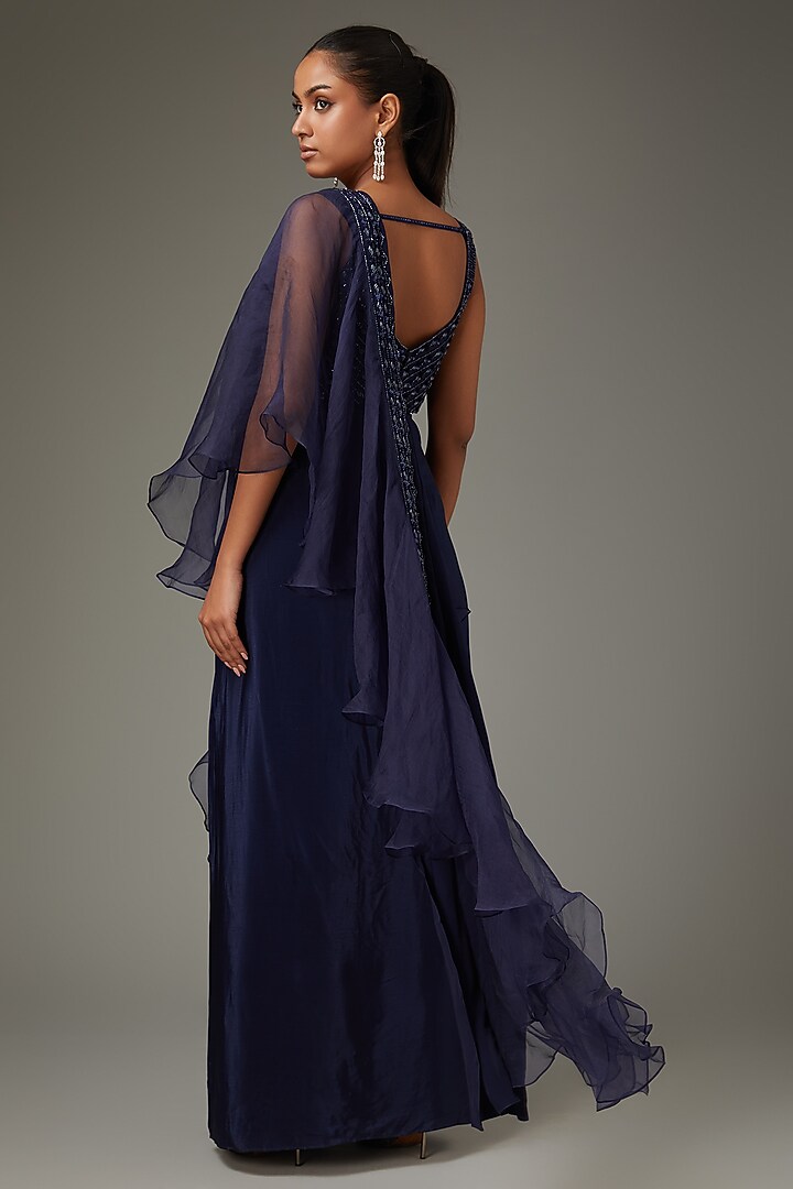 Midnight Blue Crepe Ruffled Draped Wedding Saree Set by Disha Patil at Pernia's Pop Up Shop