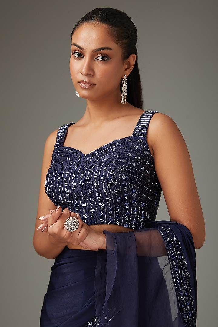 Midnight Blue Crepe Ruffled Draped Wedding Saree Set by Disha Patil at Pernia's Pop Up Shop