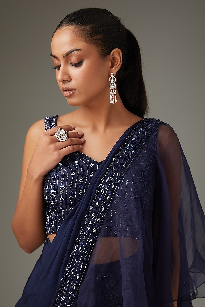 Midnight Blue Crepe Ruffled Draped Wedding Saree Set by Disha Patil at Pernia's Pop Up Shop