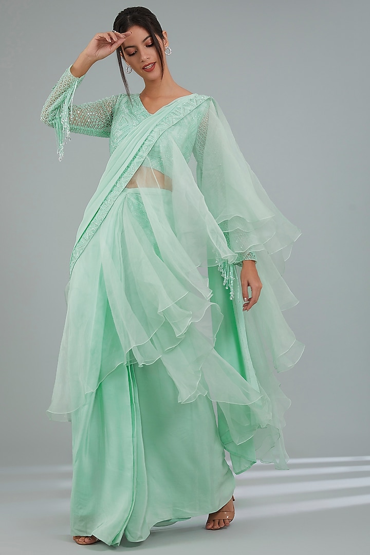 Misty Jade Green Crepe Hand Embroidered Ruffled Draped Wedding Saree Set by Disha Patil at Pernia's Pop Up Shop