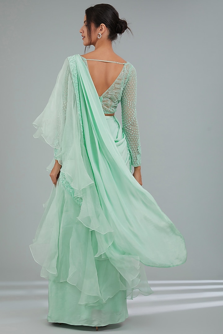 Misty Jade Green Crepe Hand Embroidered Ruffled Draped Wedding Saree Set by Disha Patil at Pernia's Pop Up Shop