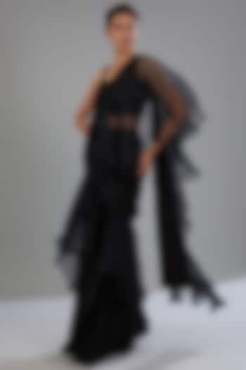 Black Crepe & Organza Draped Ruffled Wedding Saree Set by Disha Patil at Pernia's Pop Up Shop