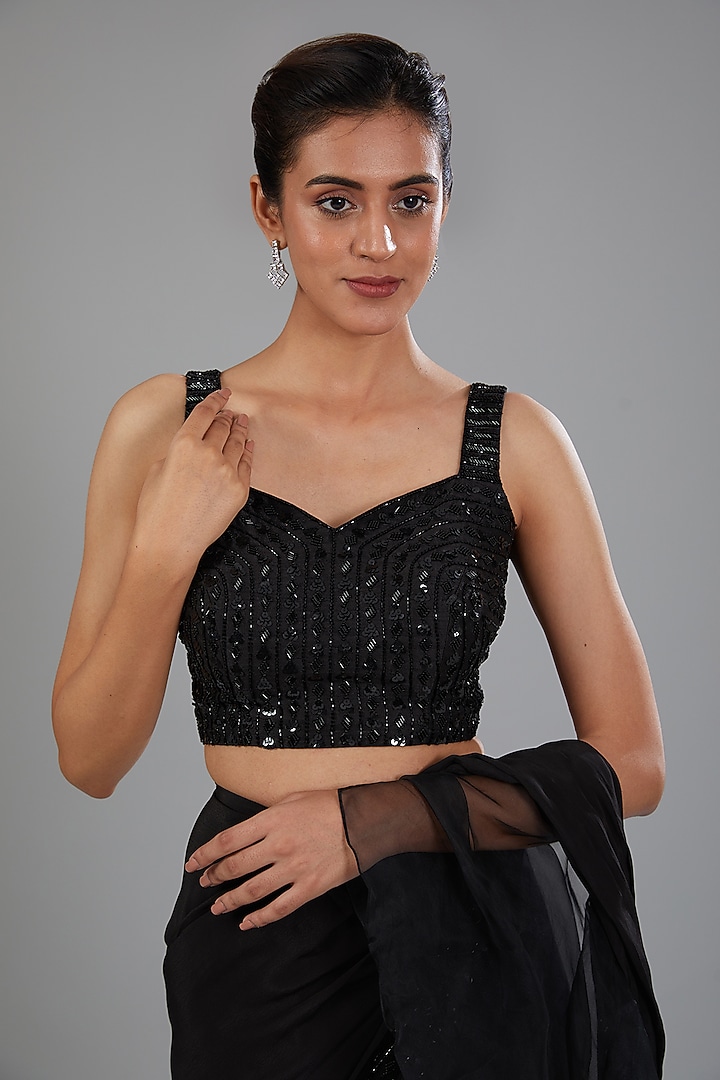 Black Crepe & Organza Draped Ruffled Wedding Saree Set by Disha Patil at Pernia's Pop Up Shop
