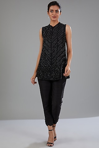 Black Raw Silk Embellished A-Line Jacket Set by Disha Patil