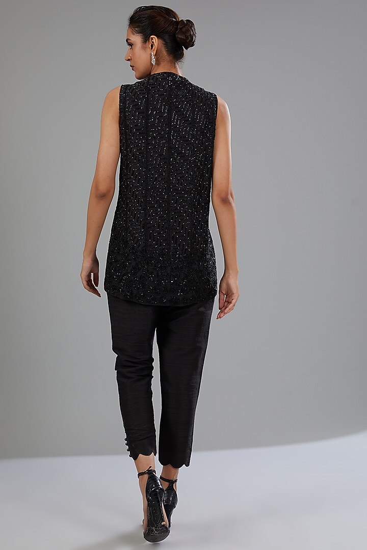 Black Raw Silk Embellished A-Line Jacket Set by Disha Patil at Pernia's Pop Up Shop