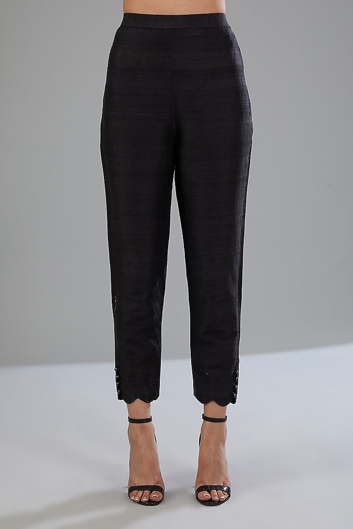 Black Raw Silk Embellished A-Line Jacket Set by Disha Patil at Pernia's Pop Up Shop