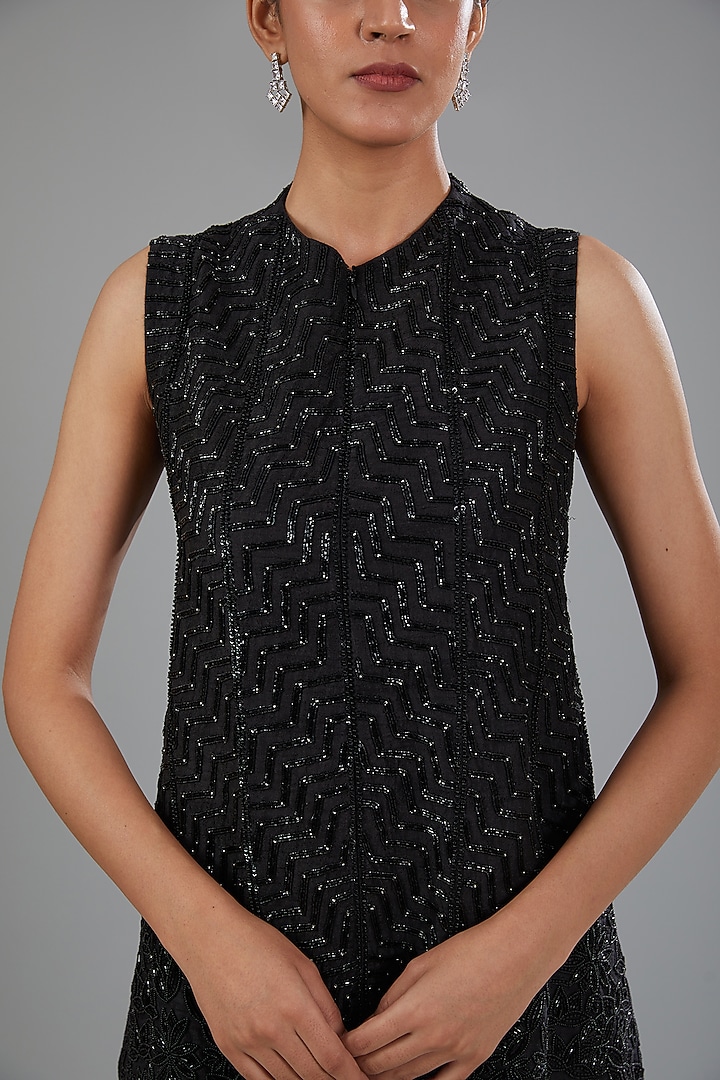 Black Raw Silk Embellished A-Line Jacket Set by Disha Patil at Pernia's Pop Up Shop