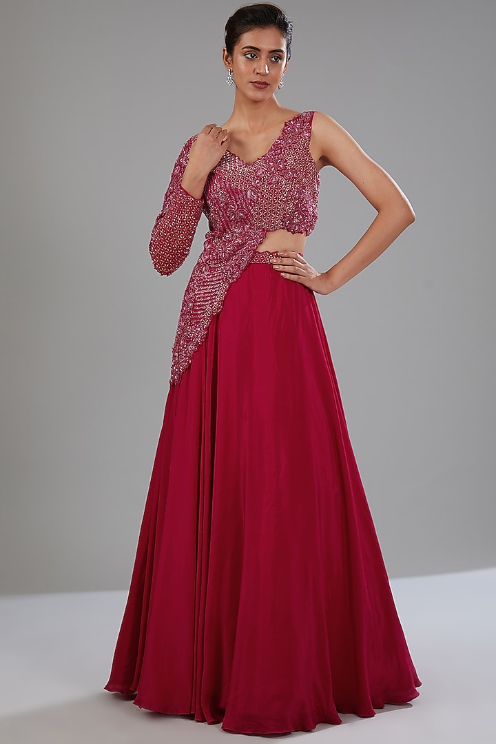 Red Crepe Skirt Set by Disha Patil at Pernia's Pop Up Shop