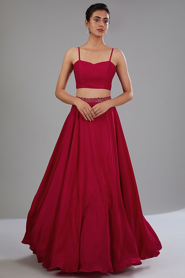 Red Crepe Skirt Set by Disha Patil at Pernia's Pop Up Shop