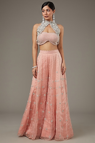 Pink Satin Organza Hand Embroidered Pant Set by Disha Patil
